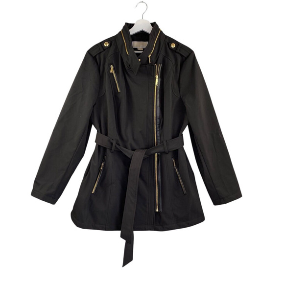 MICHAEL KORS Jacket Womens Extra Large Asymmetrical Black Trench Coat Lined Hood - Picture 1 of 16